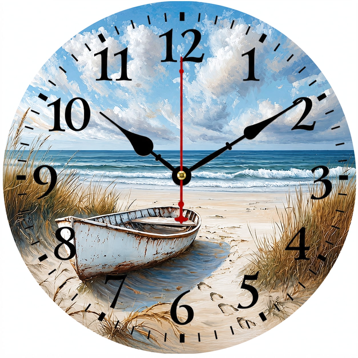 9.84 Inch Coastal Wall Clock, Battery Operated Round Analog Ocean Beach Clock with Easy to Read Numbers, Nautical Boat Sea Wave Wall Decor for Living Room, Kitchen, Bedroom, Beach House