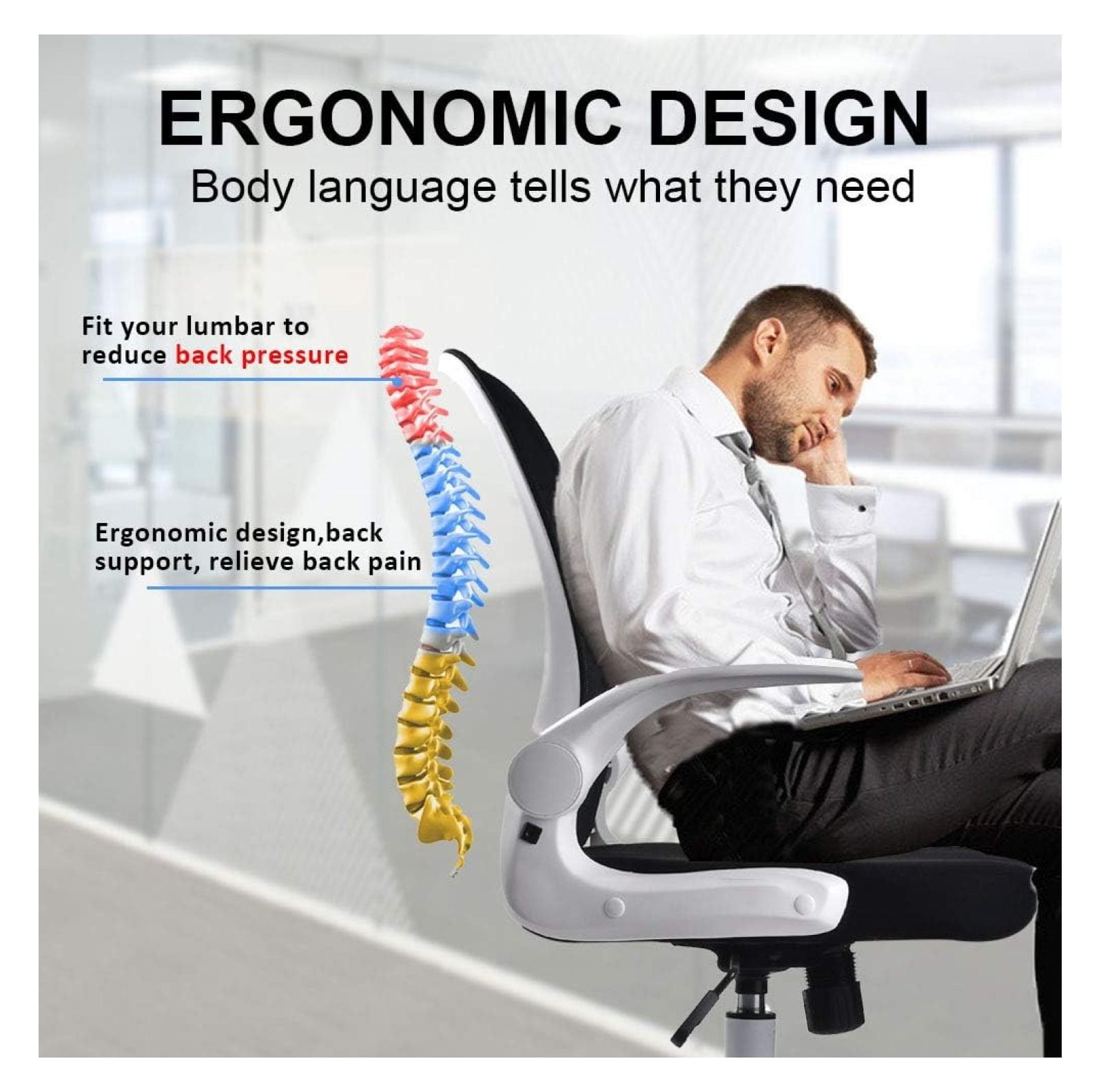 Foldable Office Chair - Home Office Desk Chairs with Wheels and -Up Arms - Ergonomic Backrest Mesh Computer Chair Adjustable Swivel Rolling Home Executive (White)