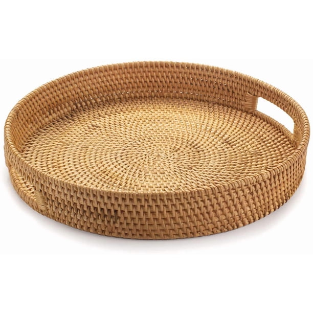 Bandeja redonda de ratán YANGQIHOME 30 cm con asas
