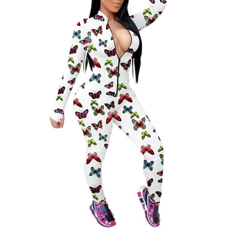 

Women Butterfly Print Long Sleeve Nightwear Jumpsuit Bodysuit Playsuit Romper