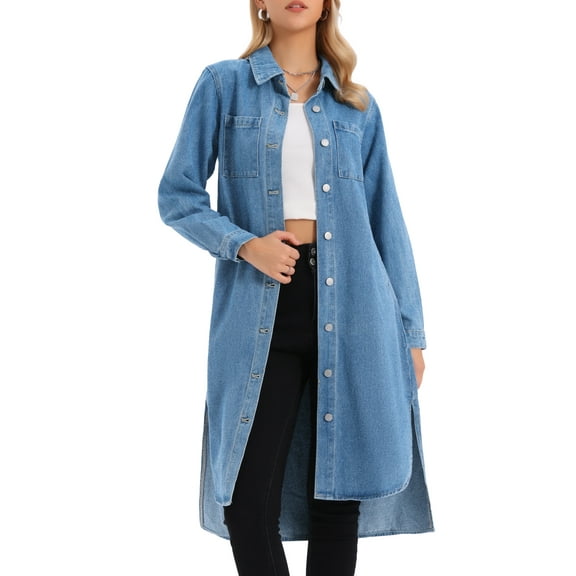 INSPIRE CHIC Women's Dress Denim Button Down Curved Hem Long Sleeve Midi Jean Shirt Dresses S Light Blue