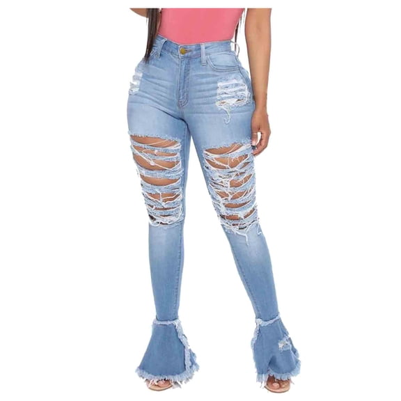Bigersell Solid Blue Jean for Women Full Length Pants Jeans Fashion Women Solid Button High Waist Pocket Jeans Trousers Hole Denim Pants Ladies' Straight Jeans