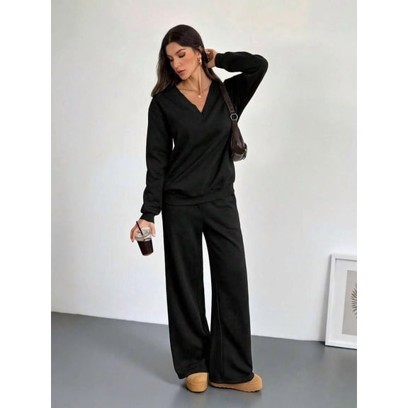DENTOYOU Womens 2 Piece Lounge Sets Casual Long Sleeve V-Neck Pullover Sweatsuits Wide Leg Jogger with Pockets Outfits Black L
