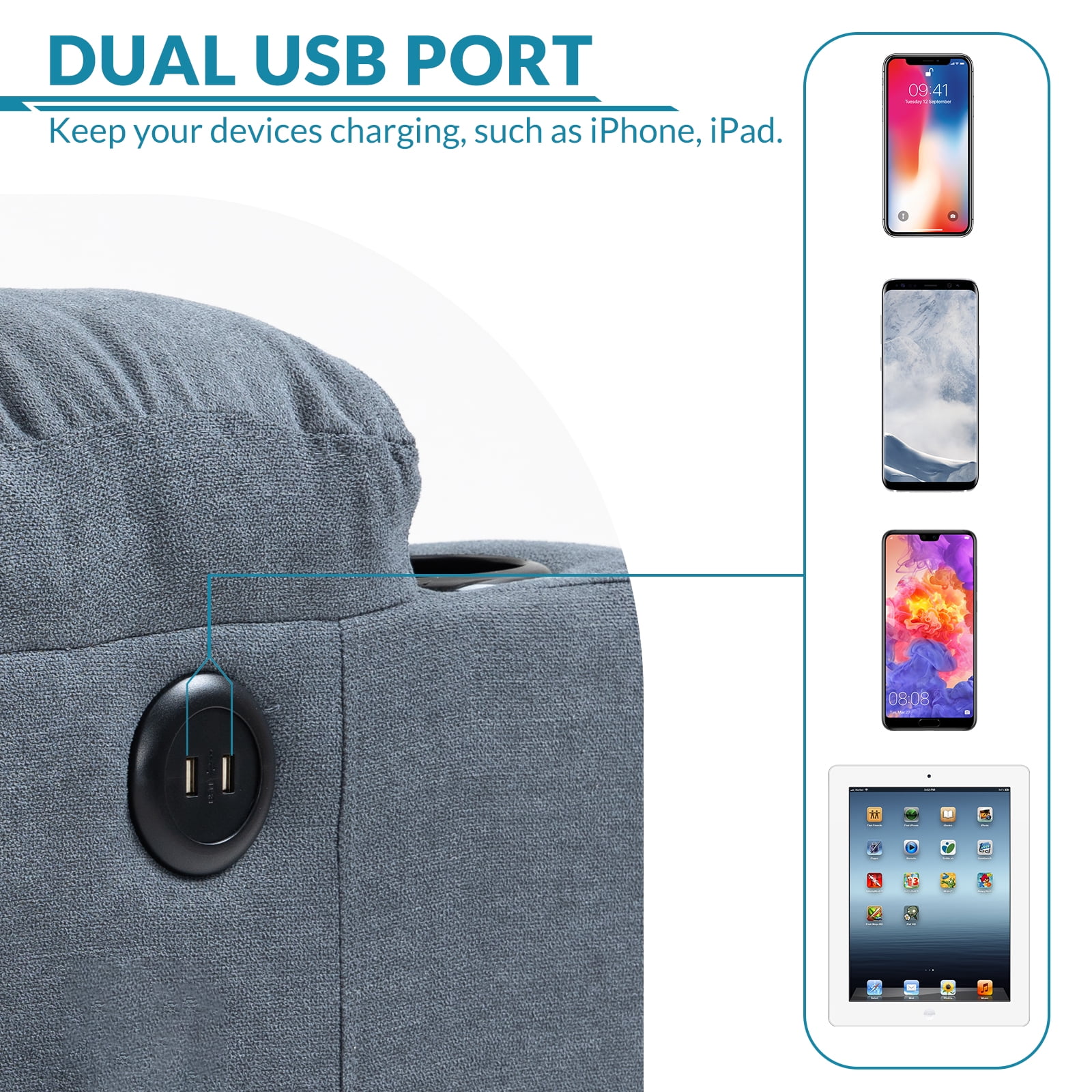 OUINCH Power Lift Recliner Chair with Massage & Heat, USB Ports, Cup Holders, Blue