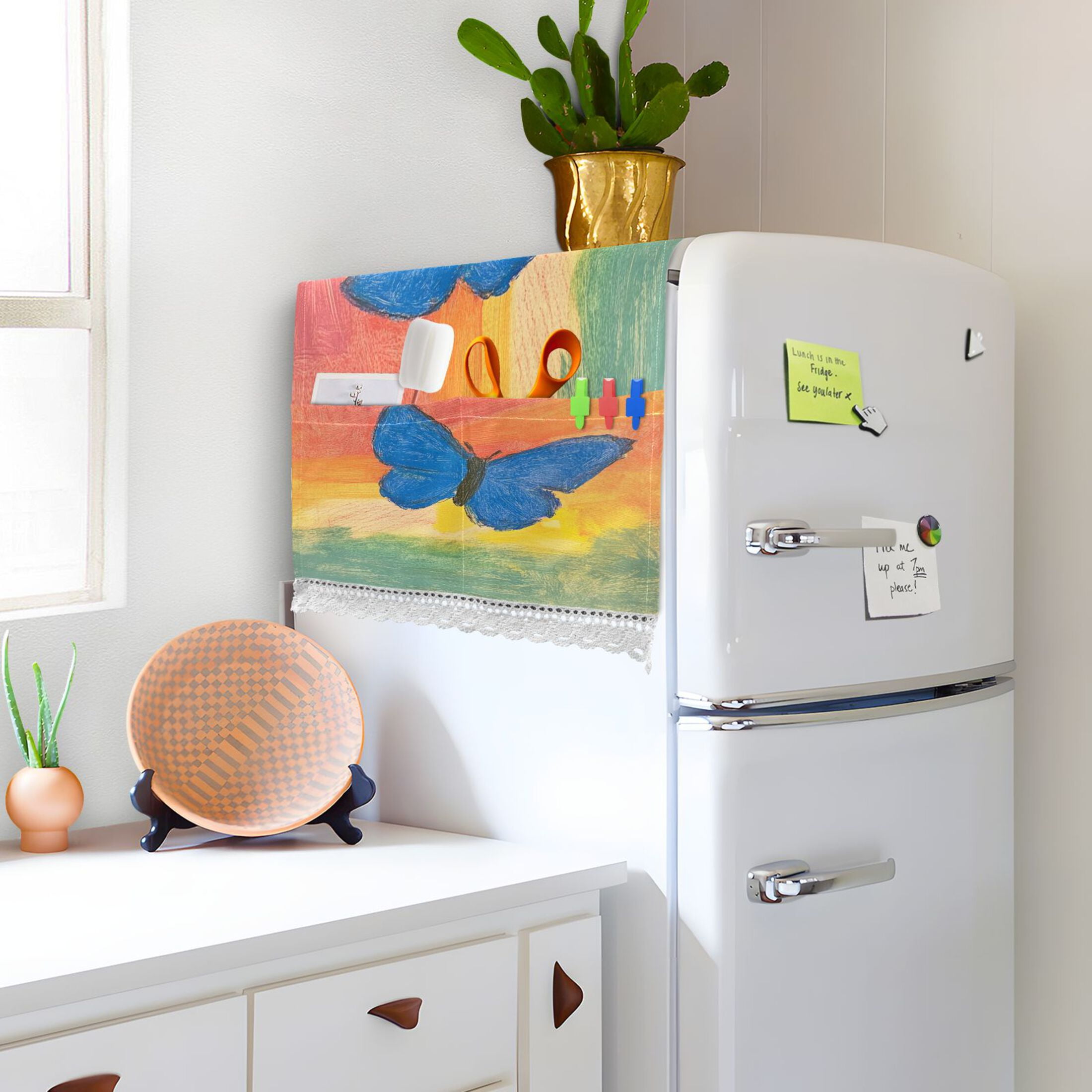 Blue ButterflyWasher and Dryer Covers Dust-Proof and Oil Resistant Fridge Cover with 4 Storage Pockets Washing Machine Top Cover for Laundry Kitchen Home 51.2 x 22 In
