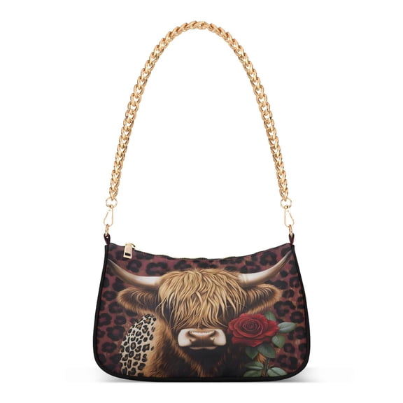 ALAZA Highland Cattles on Leopard1 Women's Chain Shoulder Bag Hobo Handbag Tote Crossbody Purse