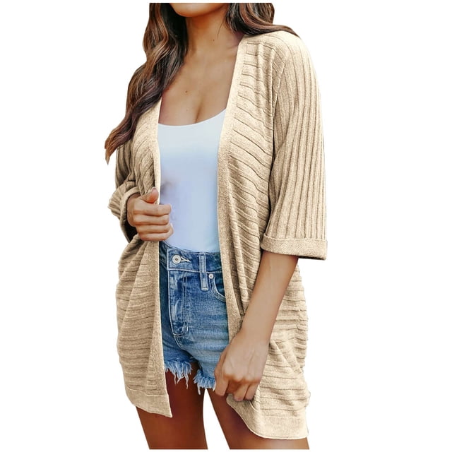 AherBiu Cardigan pour Femmes Ouvert devant Tricoté Ample Décontracté Pull Manches 3/4 Cardigan Confortable Automne