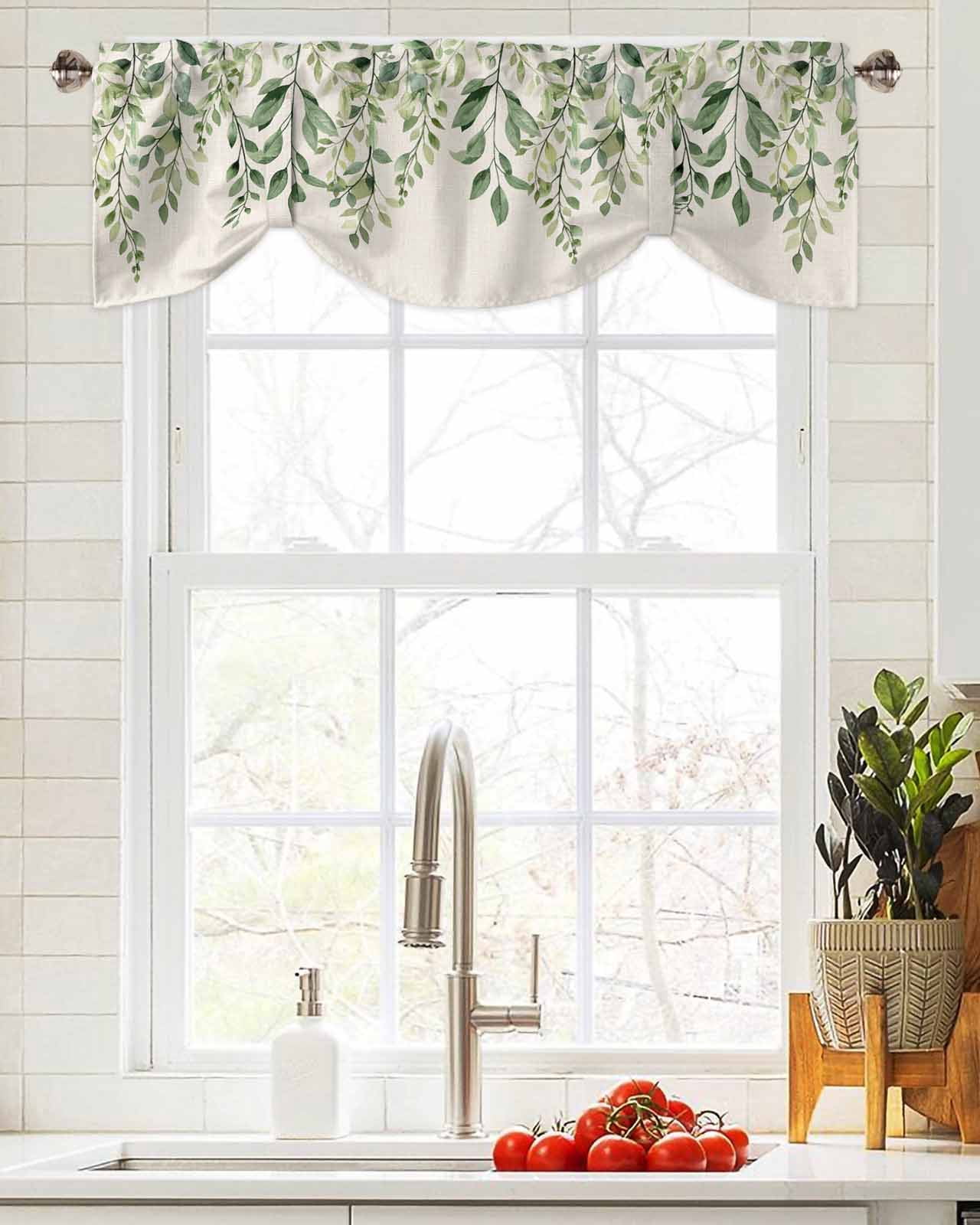 Tie Up Valance Curtain for Kitchen,Spring Green Sage Leaves on Linen Rod Pocket Short Curtains Adjustable Tie-Up Shade Valances,Swirling Leaf Window Treatment for Bathroom Bedroom