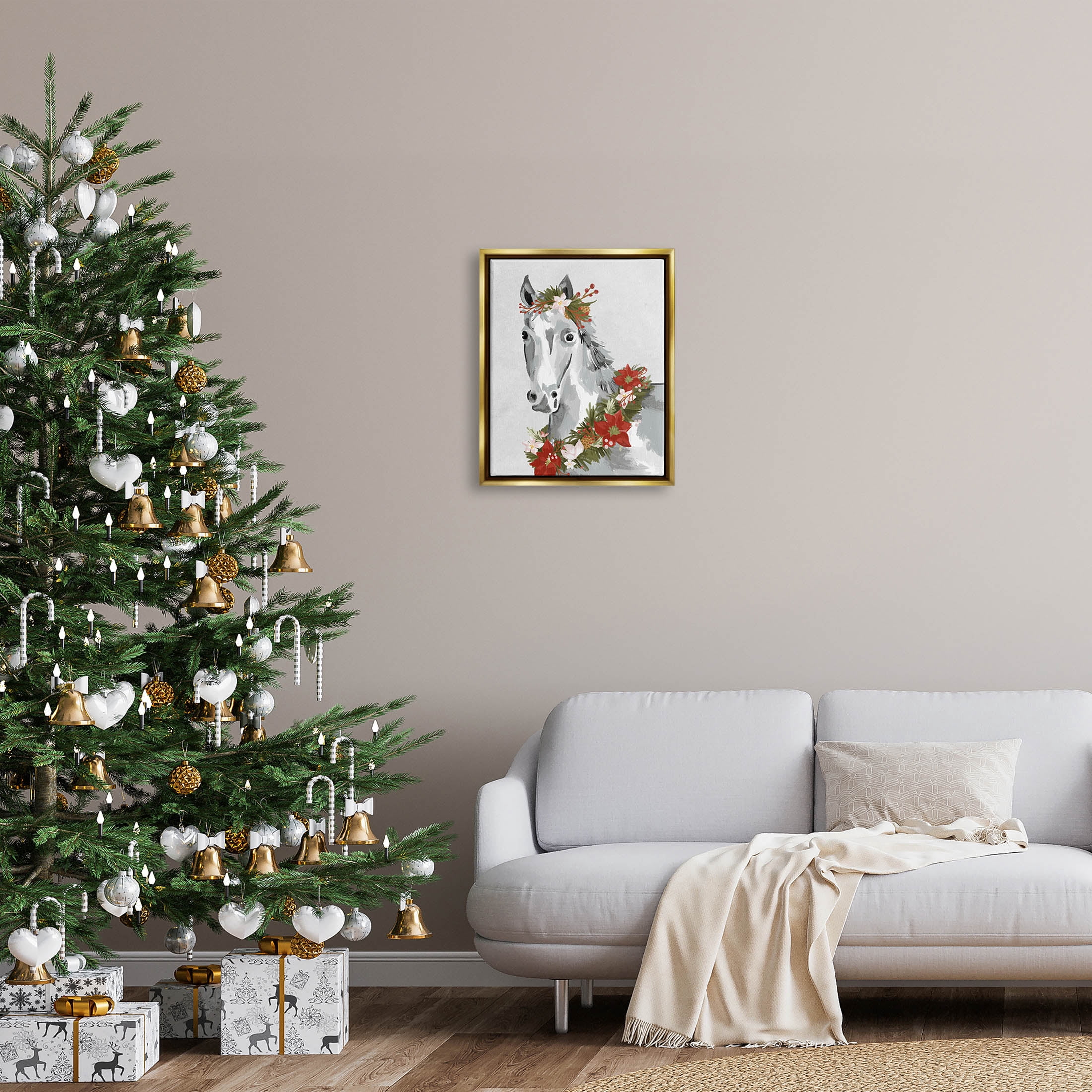 Stupell Industries Festive Holiday Horse Holly Wreath Graphic Art Metallic Gold Floating Framed Canvas Print Wall Art, Design by Laura Konyndyk