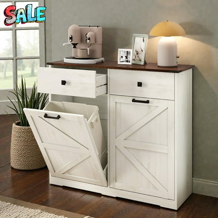 Tcbosik Hidden Trash Can Cabinet in Antique White Rustic Tilt-Out Garbage Bin Holder for 2×10 Gallon Trash Cans (Not Included) Two Storage Drawers Ideal for Kitchen Laundry Room & Living Space