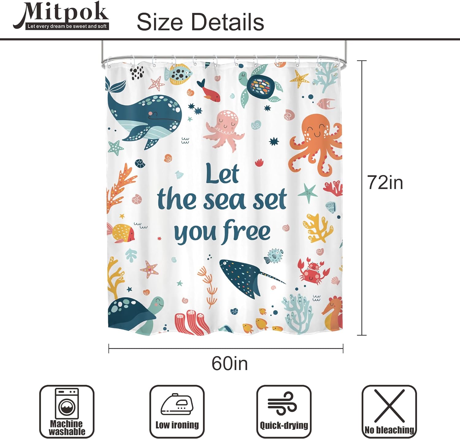 KOTOM Kinder-Duschvorhang 'Love Sea' - Lustige Meeres-Tiere, Wal & Korallen-Design, Wasserdicht & Inkl. Haken (175x178 Cm)