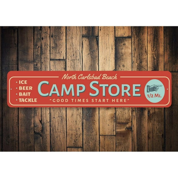 Beach Camp Store Novelty Sign, Metal Wall Decor - 4x18 inches