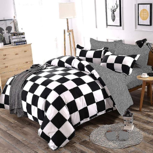 Funda nórdica a cuadros + 2 fundas de almohada: juego de cama reversible geométrico en blanco y negro para 2 personas y adultos