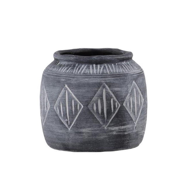 Benjara BM208725 Round Cement Pot with Banded Rim Mouth & Diamond Pattern, Gray - Medium