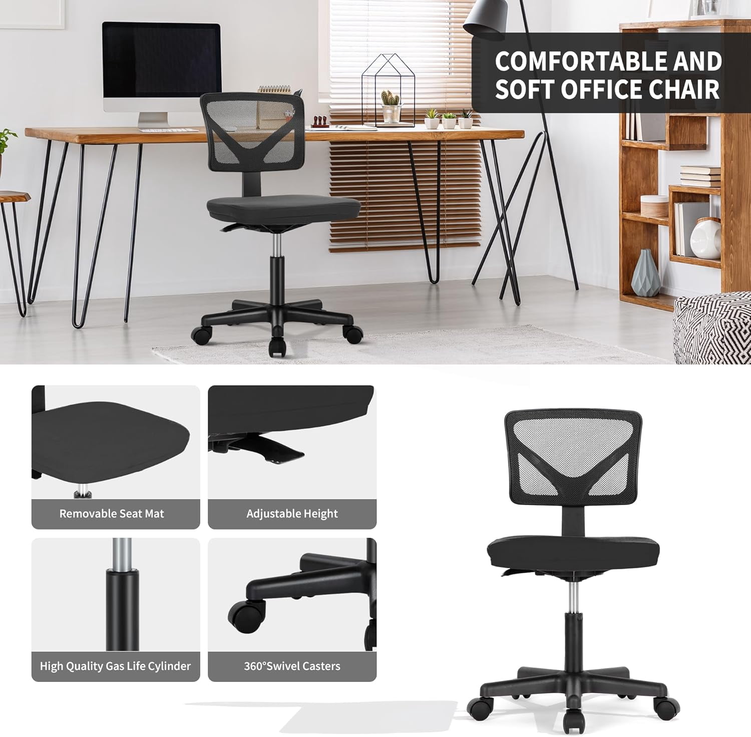 QUIOCOZY Armless Small Home Office Desk Chair, Ergonomic Low Back Computer Chair, Adjustable Rolling Swivel Task Chair with Lumbar Support for Small Space