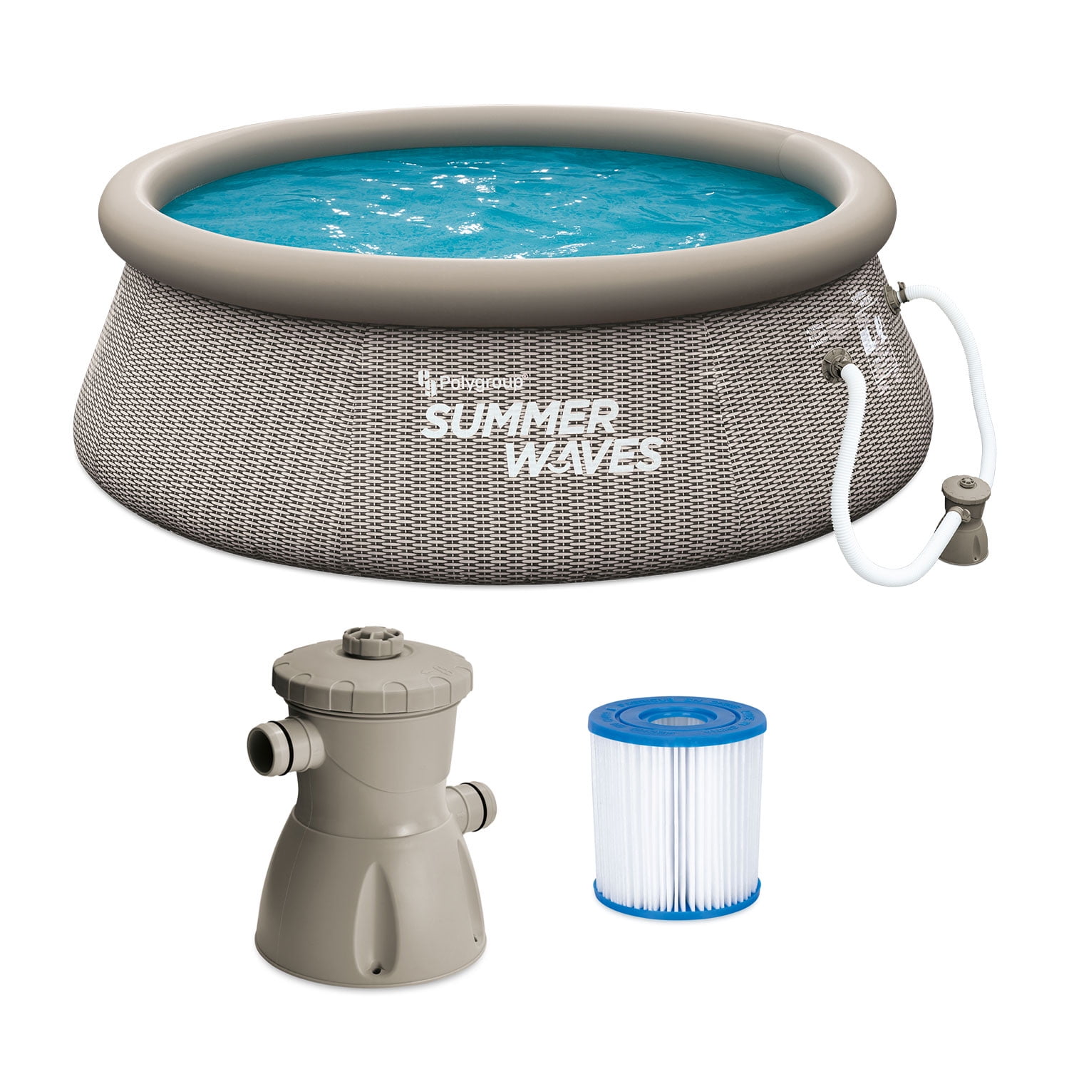 Summer Waves P1B00830A 8ft x 30in Round Quick Set Inflatable Ring Above Ground Swimming Pool with Filter Pump Gray Basketweave Print 