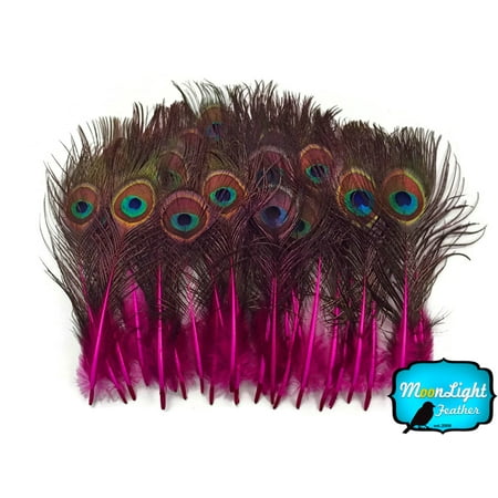 - 10 Pieces - Hot Pink Mini Natural Peacock Tail Body Feathers With Eyes