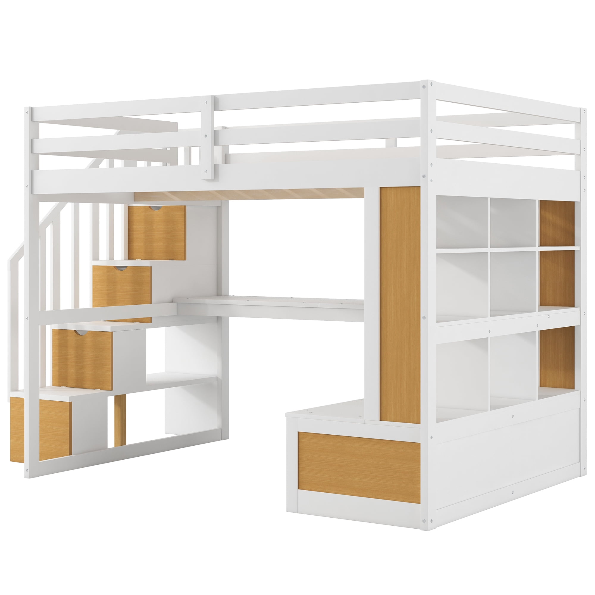 Euroco Modern Wood Full Size Loft Bed with Desk and Shelves, Storage Staircase and Drawers for Kids Teens, Wood
