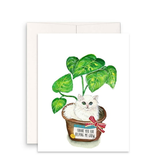 Thank You Card for Growth – Adorable Cat in a Plant Pot Design – Blank Inside, Envelope Included – Perfect for Expressing Gratitude and Appreciation