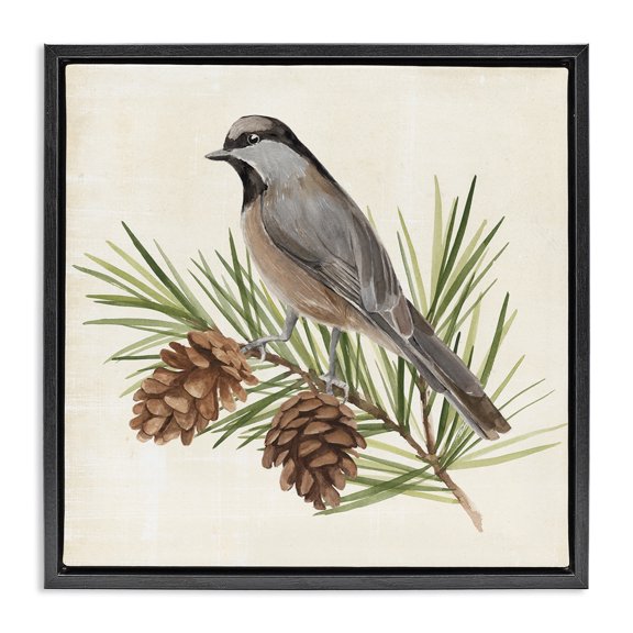 Stupell Industries Bird on Pine Tree Animals & Insects Painting Black Floater Framed Canvas Art Print Wall Art, 18 x 18