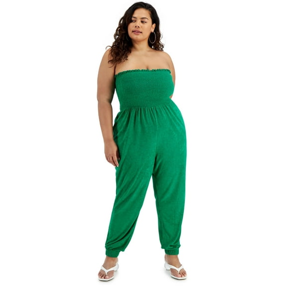 Trendy Plus Size Terry Strapless Jumpsuit Golf Green 4X
