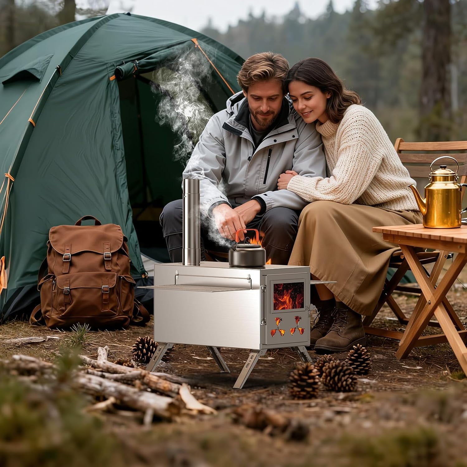 Mophoto Upgraded Wood Burning Sauna Hot Tent Stove,2 in 1 Tent Wood Burning Stove with Chimney Pipe for Outdoor Camping Heating, Camping,Hunting,Heating,Cooking,Ice Fishing,Boiling Water