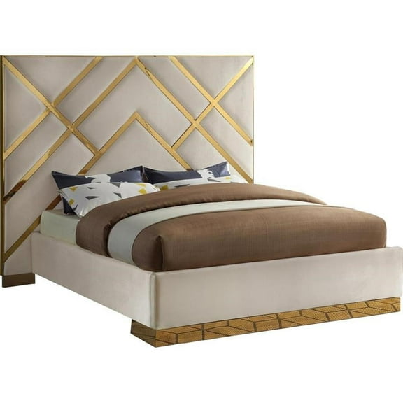 Pemberly Row Contemporary Solid Wood and Velvet King Bed in Cream