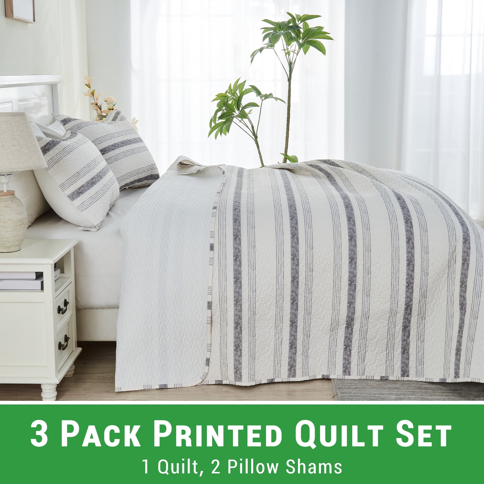Gogreen Luxury Printed Quilt Set Queen Size, Lightweight Comforter Set, Oversized Bedspread Coverlet Quilted Bedding Set, with 2 Matching Pillowcases, for All Season