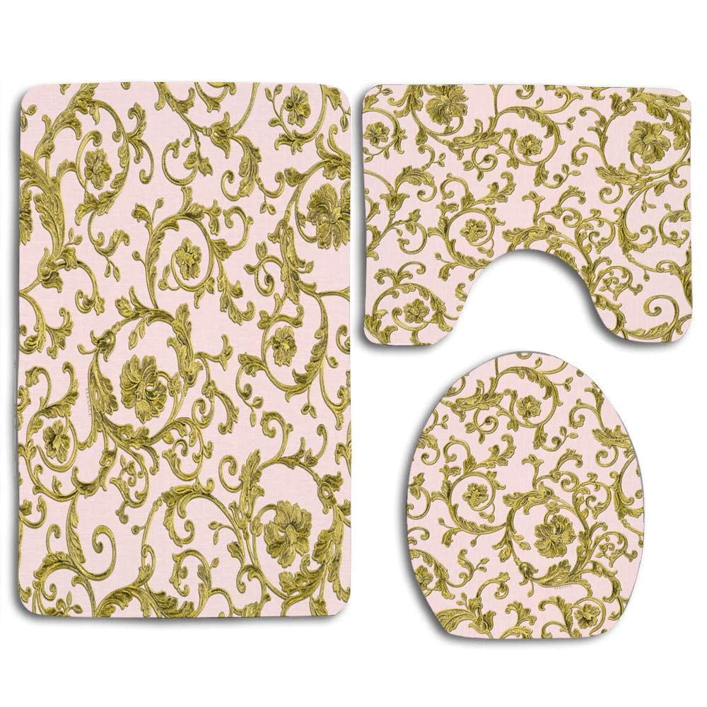 PUDMAD Floral Rose Gold 3 Piece Bathroom Rugs Set Bath Rug Contour Mat