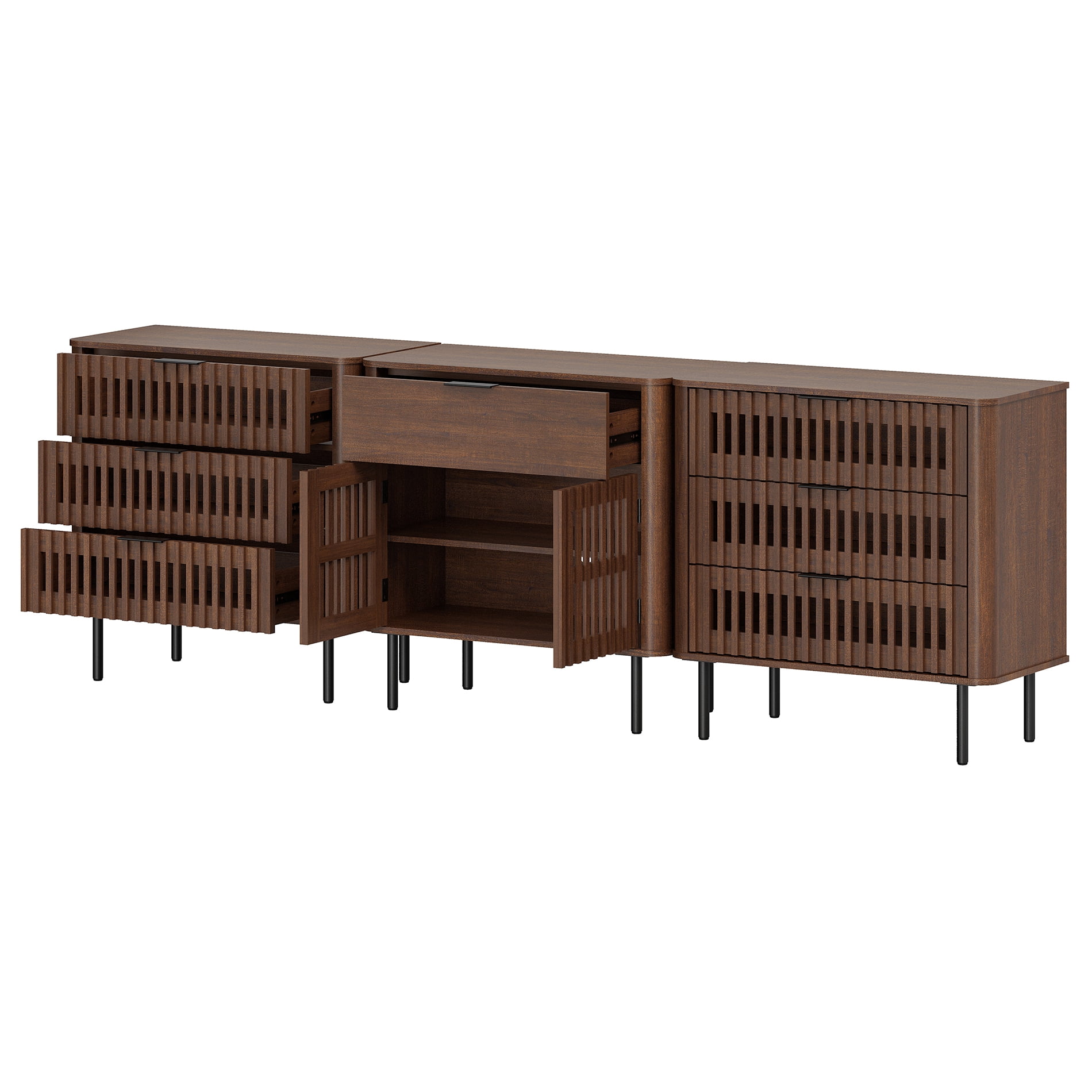 94.5 Inch Large Fluted Buffet Cabinet Sideboard with Storage, Pop-Up Doors & Adjustable Shelf, Wood Modern Accent Coffee Bar Console Table with Drawers for Kitchen, Living Room, Walnut