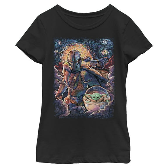 Girl's Star Wars: The Mandalorian Starry Night Best Friend Portrait  Graphic Tee Black Large