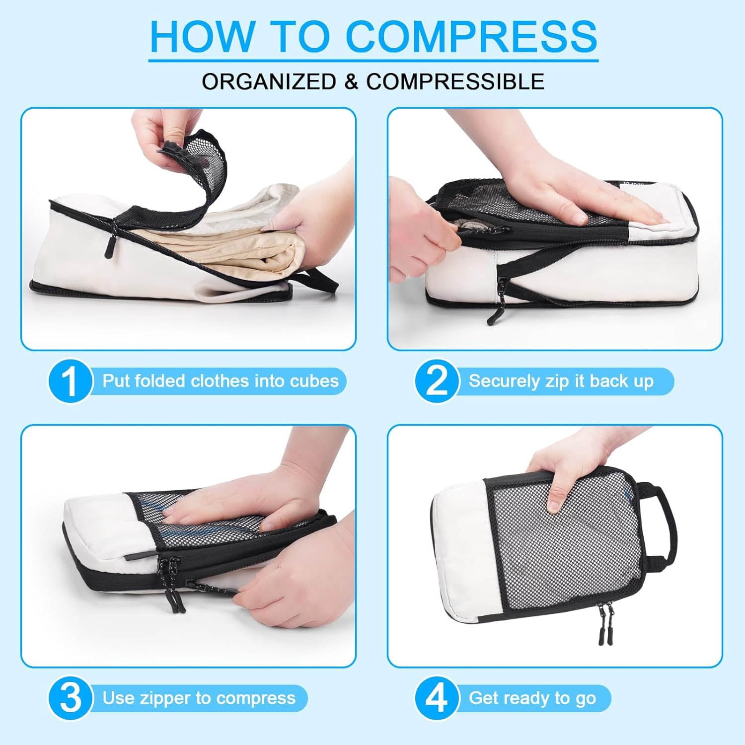 Compression Packing Cubes for Travel, Lightweight Organizer Bags for Carry On, Packing Cubes for Suitcase Backpack, Beige
