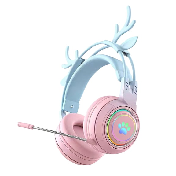 FEISHENTTGaming Headset with Microphone, Deer Ears Headphones for PC Laptop PS4 PS5 Xbox Switch, Rainbow RGB Lighting & Virtual Surround Sound, 3.5mm Over Ear Headphones, Ergonomic