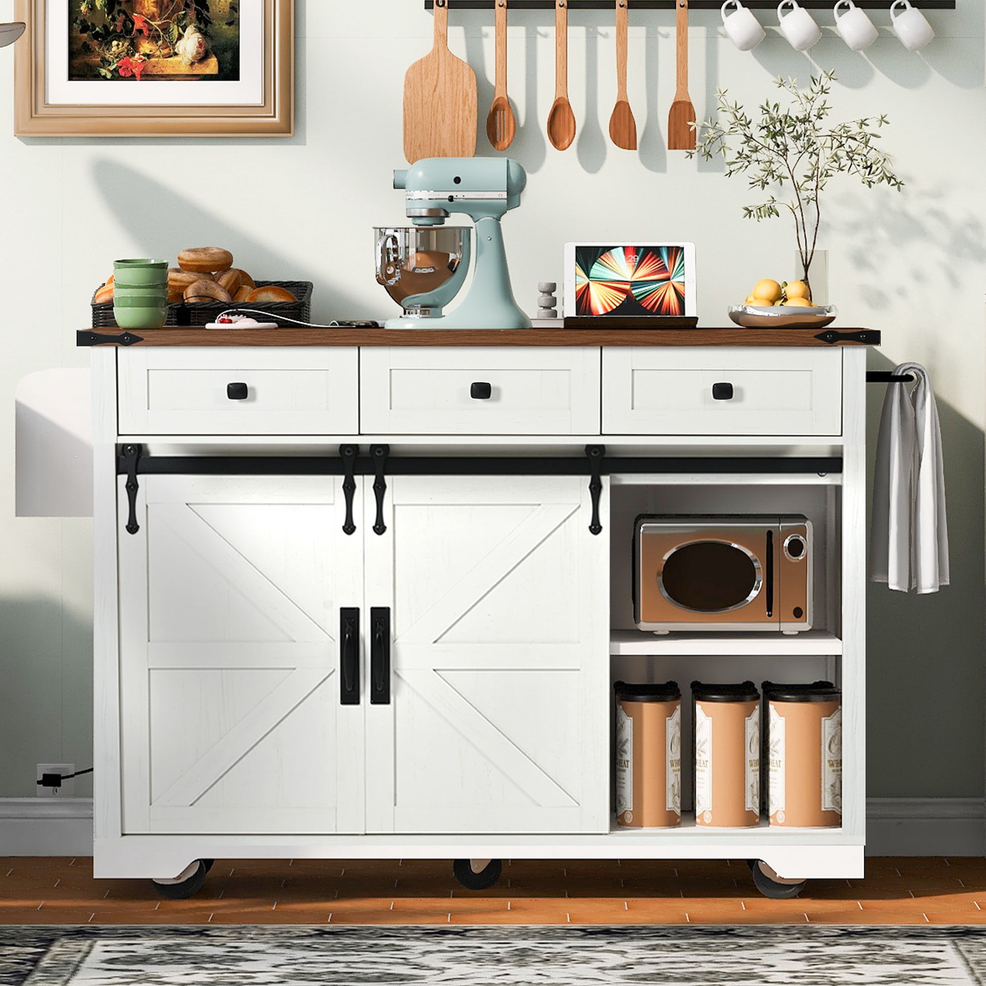 Chords Attic 53.7"W Farmhouse Rolling Kitchen Island with Sliding Barn Doors, Mobile Kitchen Islands with Drop Leaf and Power Outlet, Rustic Kitchen Storage Cart with Spice Rack for Dining Room