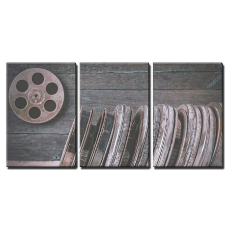 Wooden Reel Furniture wall26 - 3 Piece Canvas Wall Art - Stack of Reels of Old Movies is on a Wooden Shelf - Modern Home Decor Stretched and Framed Ready to Hang - 16
