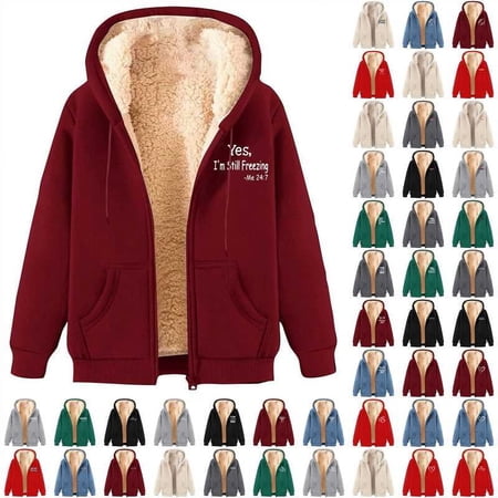QATAINLAV Women s Fleece Hoodie Jacket Cozy Sherpa Lined Zip Up Warm Hooded Coat Cute Letter Graphic Print Sweatshirt Jackets with Pockets Todays Daily Sales Navy XL