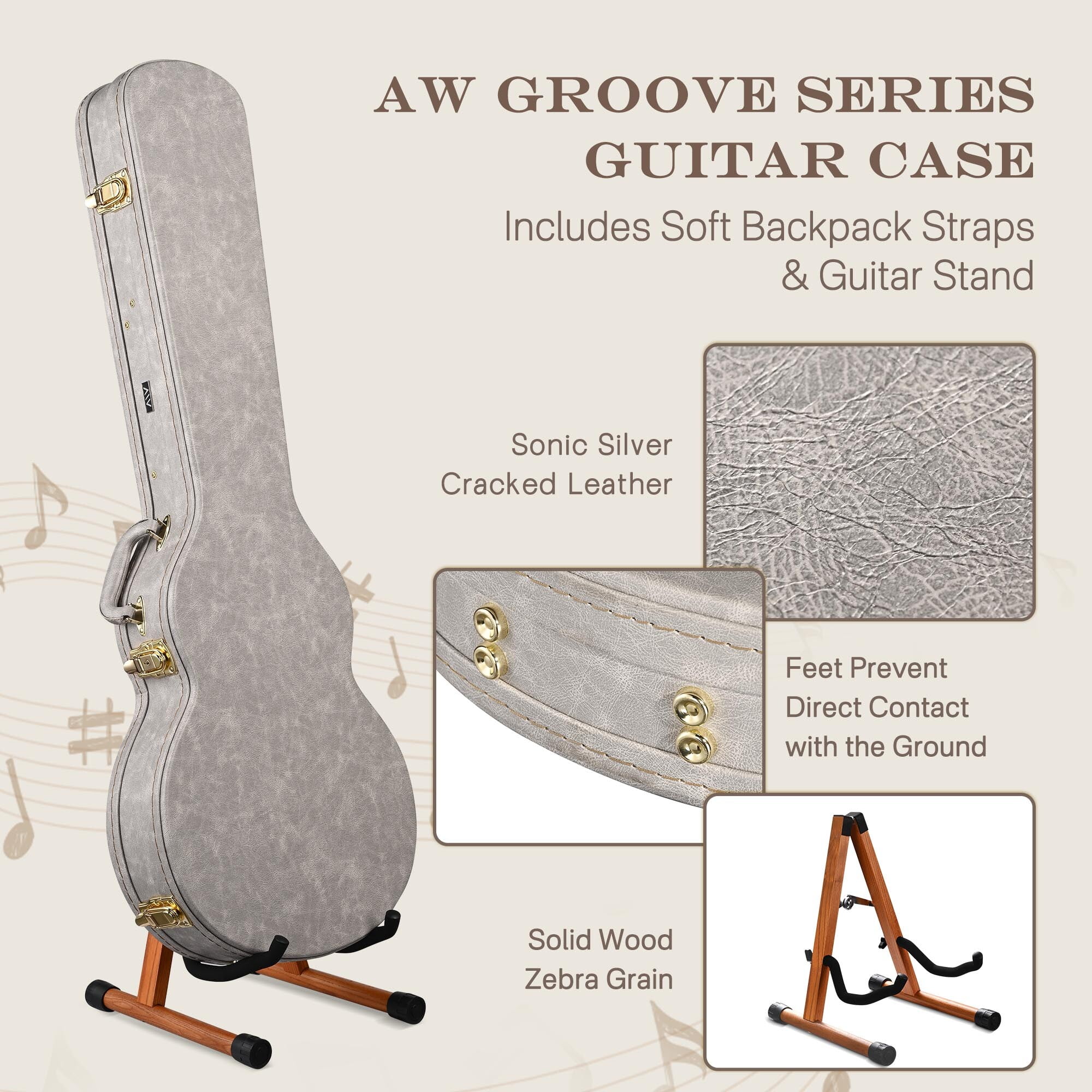 Yescom Les Paul Electric Guitar Hard Case with Backpack Strap & Folding Stand Fits for LP Style, Groove Series Sonic Silver