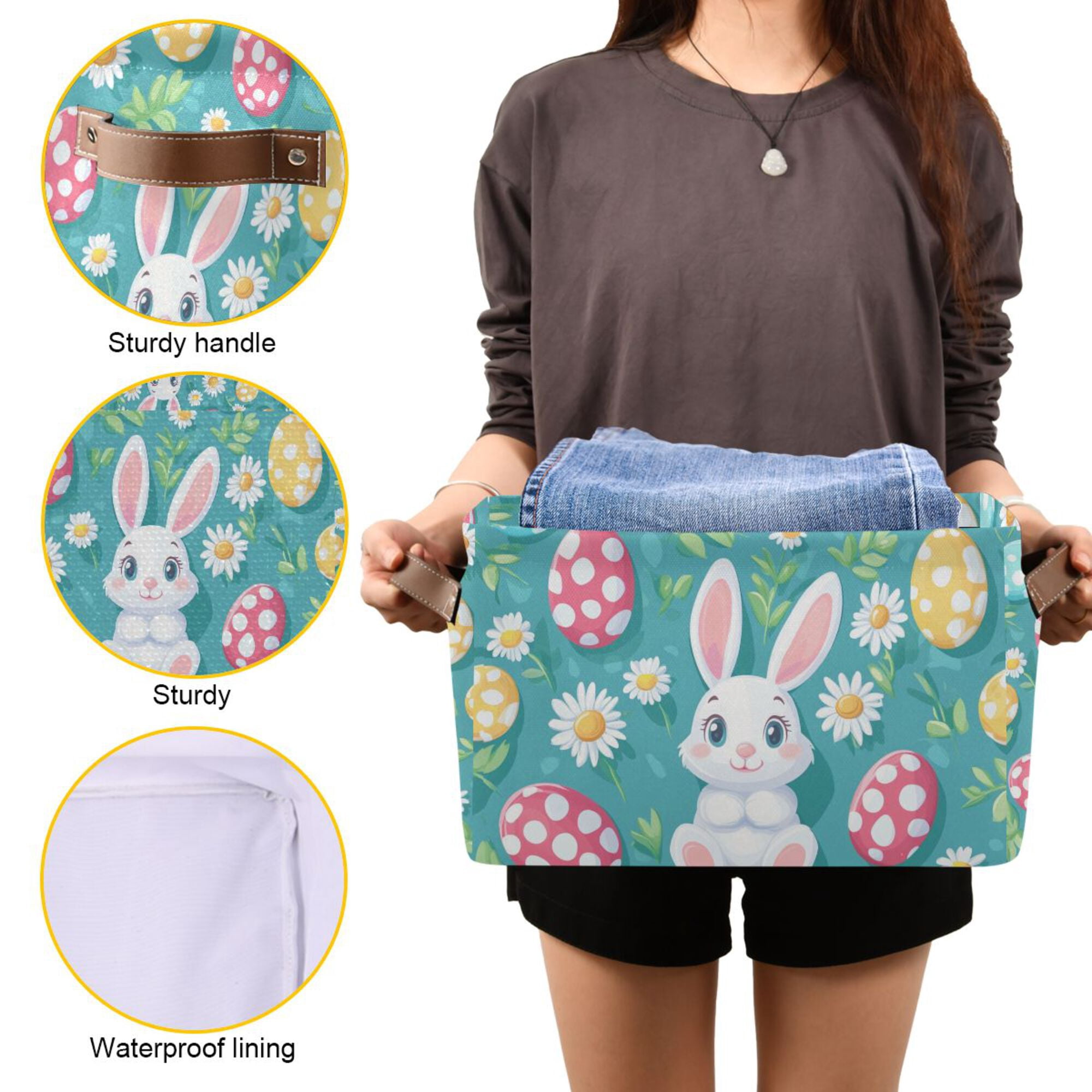 Yayeee 2 Pack Canvas Storage Basket with Handles for Shelves Fabric Bins Closet Organizer, Cartoon Easter Bunny