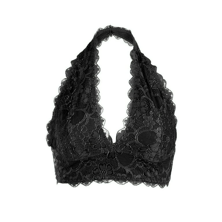 Deago Women's Halter Lace Bralette Bras Triangle See Through Unpadded Bra  Crop Top Lingerie, M,Black