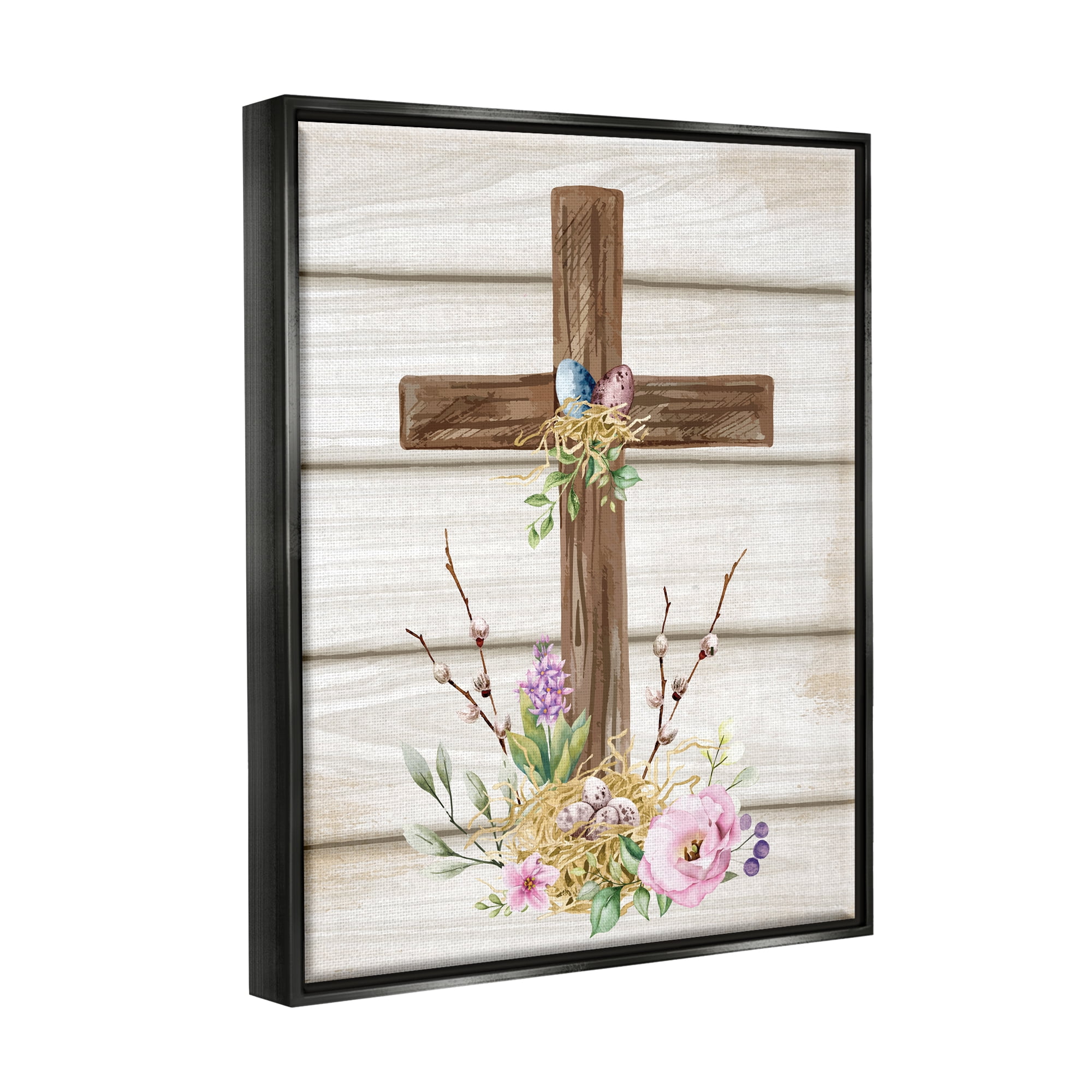 Stupell Spiritual Easter Cross Spring Blossoms Holiday Painting Black Floater Framed Art Print Wall Art