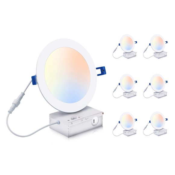 CLOUDY BAY 6 inch 3000K/ 4000K/ 5000K Selectable,Dimmable Recessed Lighting 15W CRI90+,Ultra Thin LED Recessed Light with Junction Box,IC Rated, Canless Wafer Downlight,