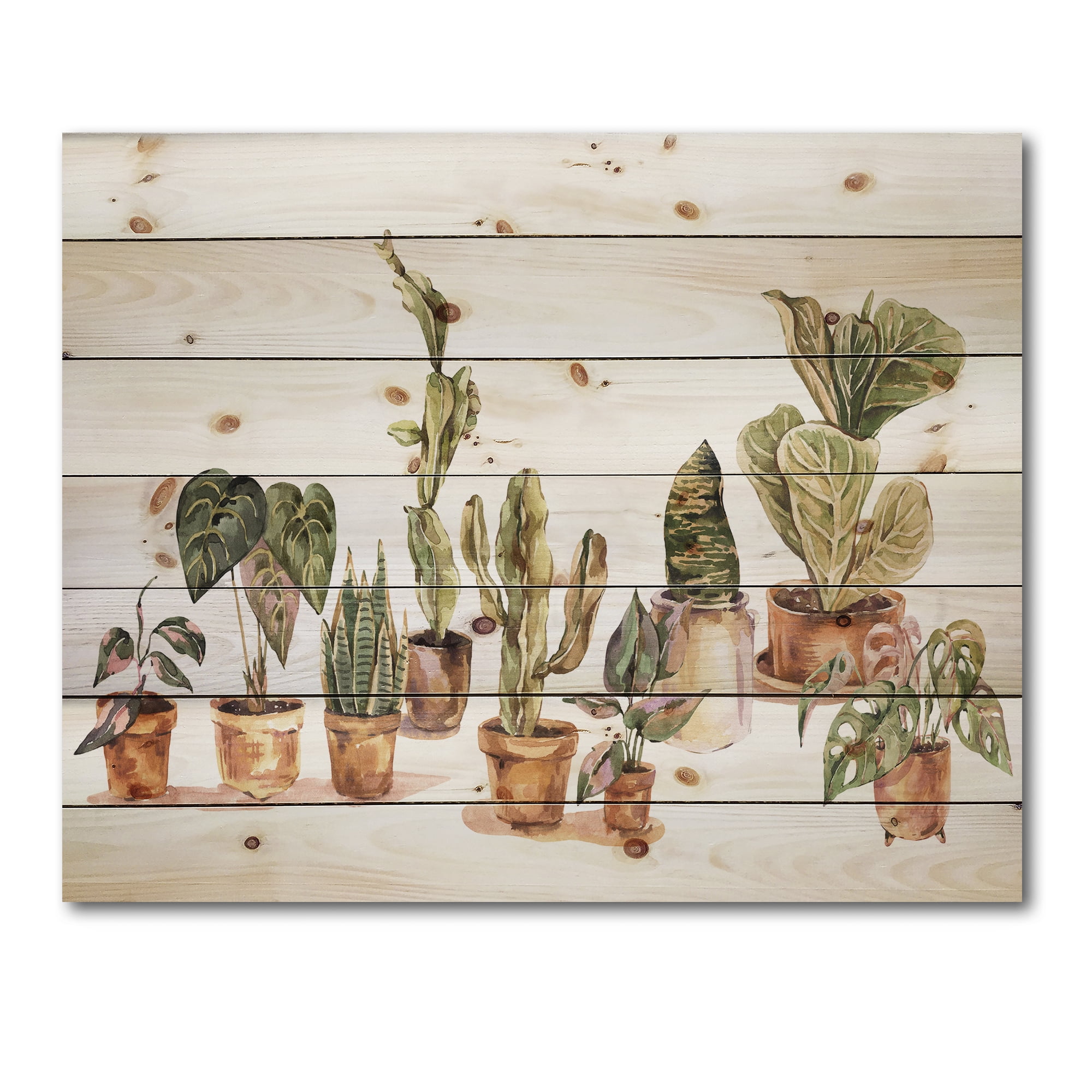 Designart 'Indoor House Plants Urban Jungle in Flowerpots I' Traditional Print on Natural Pine Wood
