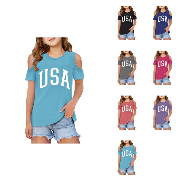 Kids Girls Short Sleeve T-Shirts Summer Oversized Tops Casual Crewneck Basic Tees 5-14Y