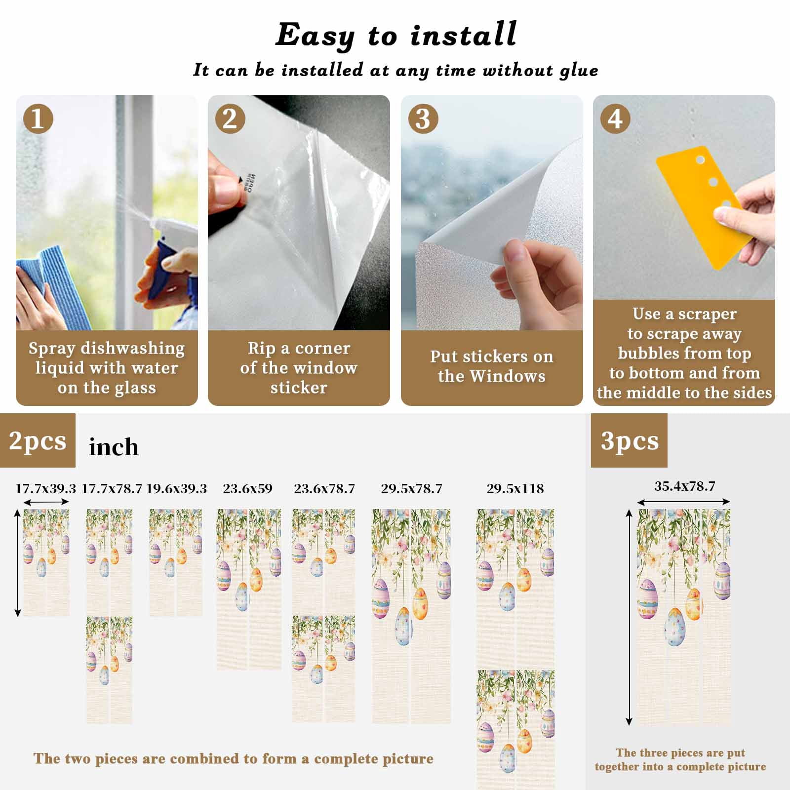Spring Colorful Window Privacy Film, Easter Eggs Flowers Eucalyptus Leaf Retro Frosted Glass Window Clings Static Cling UV Heat Blocking Reusable Door Sticker for Bathroom 23.6 x 59 Inch