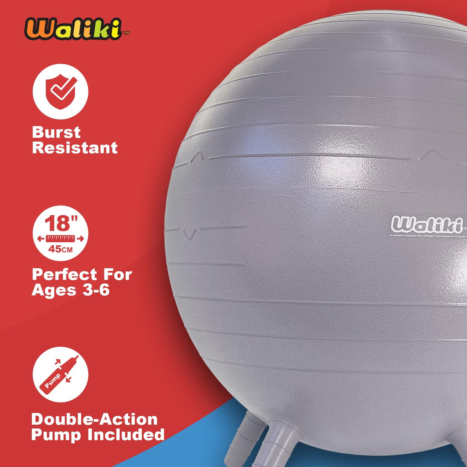WALIKI Chair Ball with Feet for Kids 4 Pack | Alternative Classroom Seating Ball | 18"/45CM Gray
