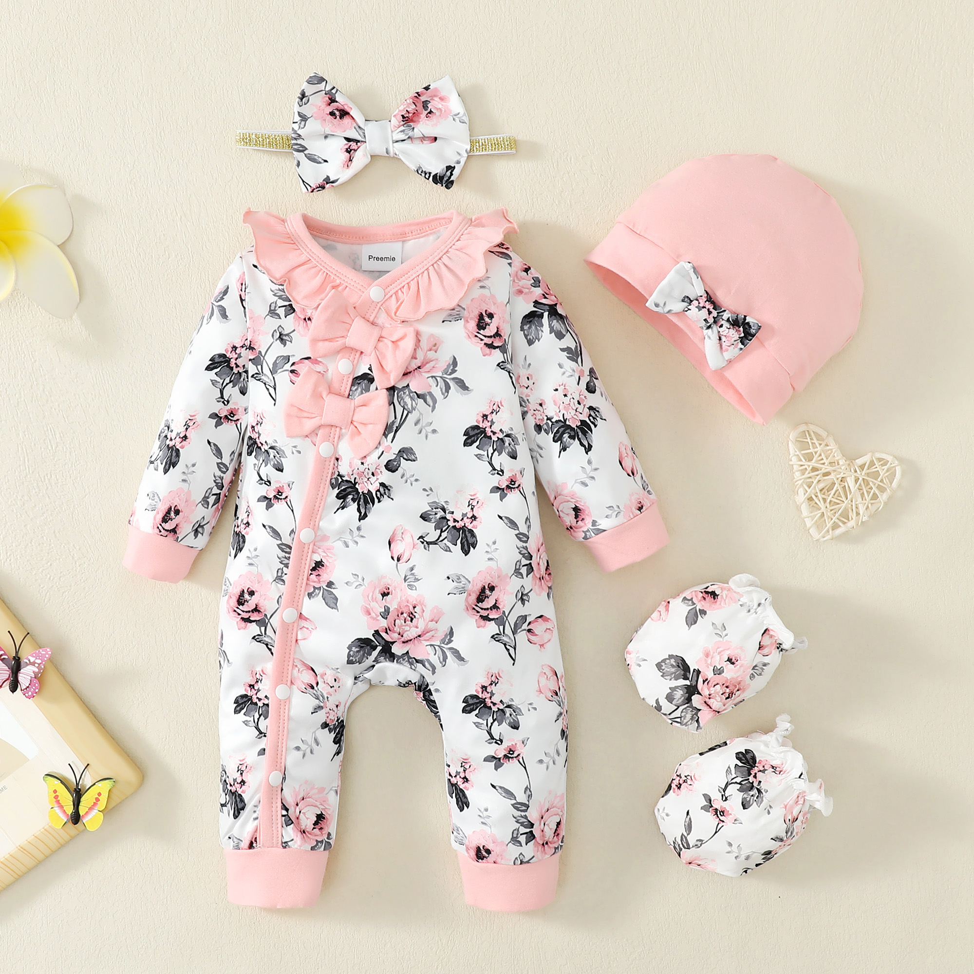 Mioglrie Newborn Floral Long Sleeve Bodysuit with Headband photo 2