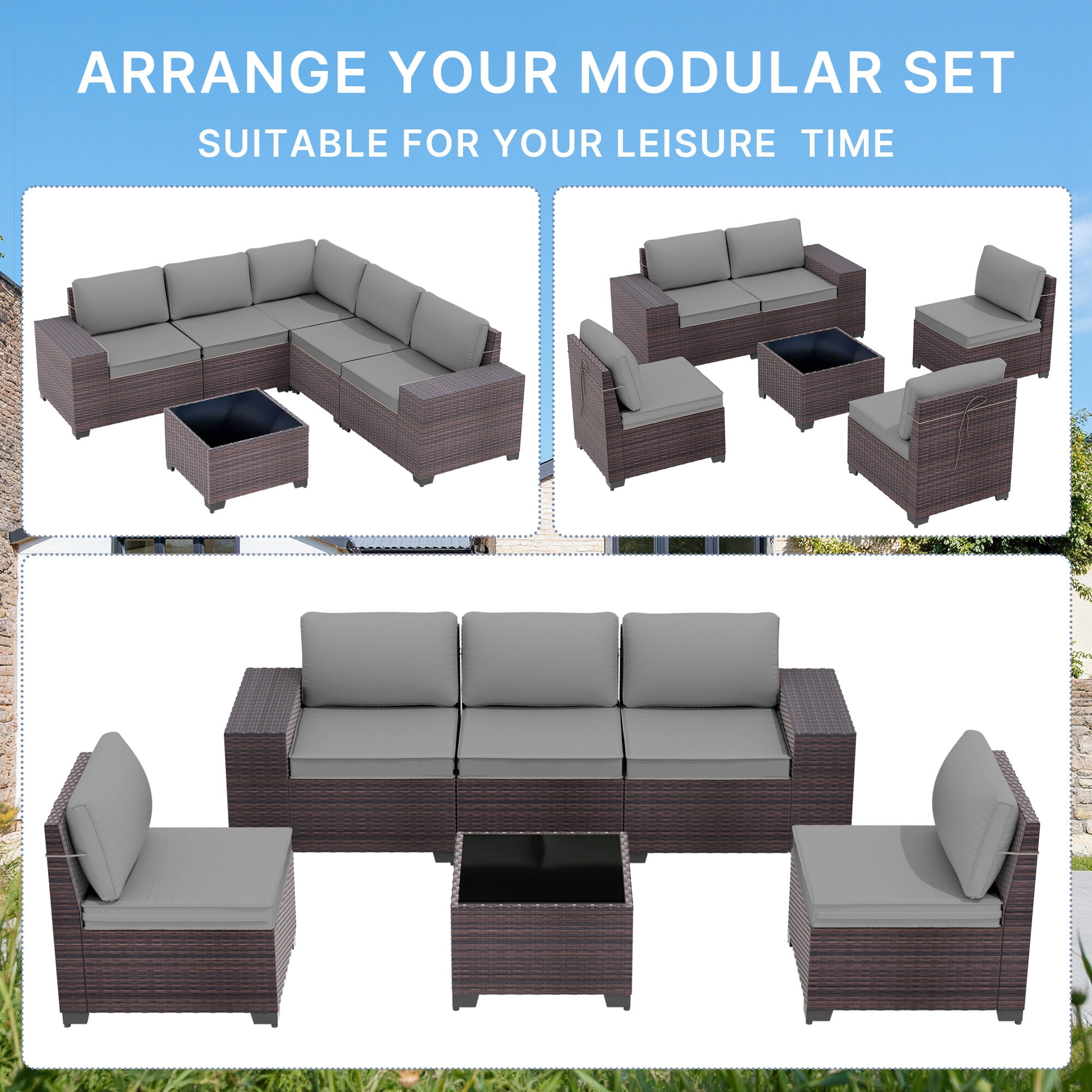 ALAULM 6 Pieces Patio Conversation Set, Outdoor Sectional PE Rattan Wicker Furniture Seat,Gray