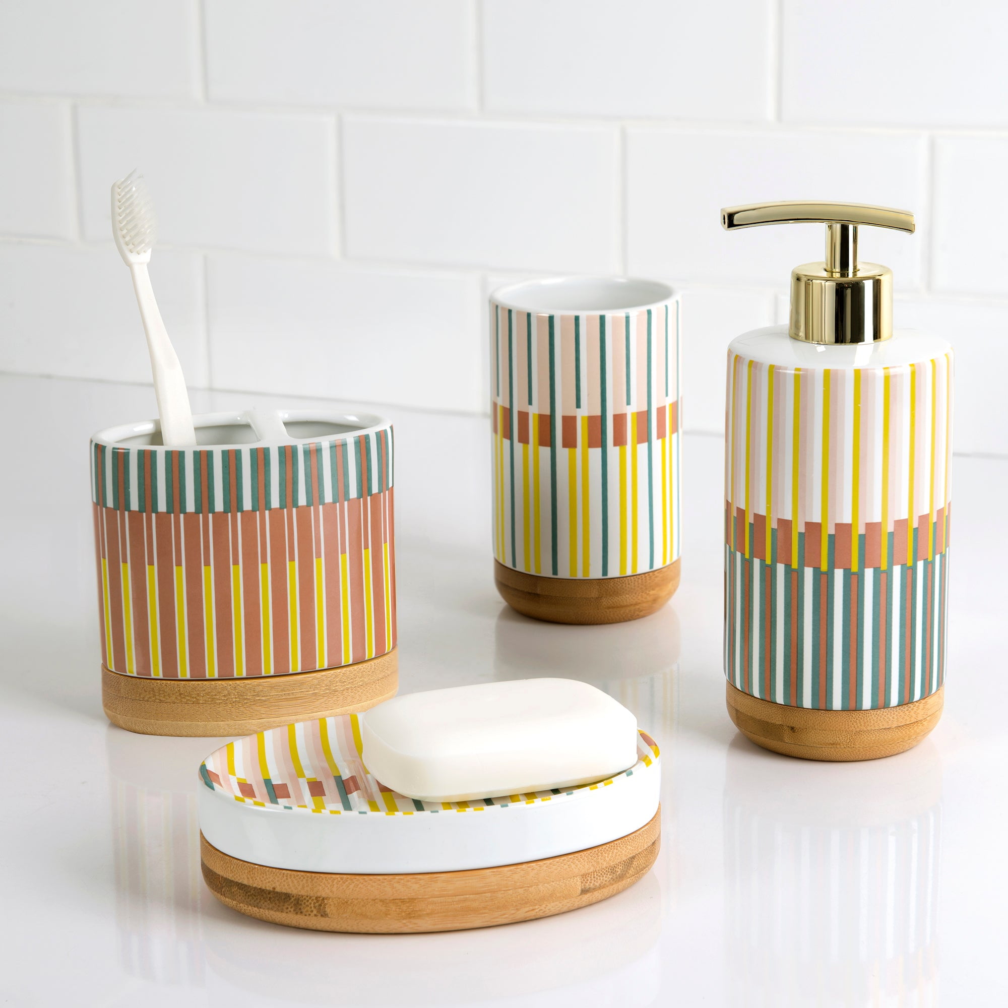 Market Stripe 4Piece Ceramic with Bamboo Bath Accessory Set