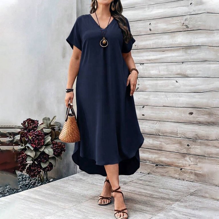 Women's Spring/Summer Casual V Neck Solid Color Loose Fit Plus Size Dress  Womens plus Size Dinner Dresses Skater Dresses for Women plus Sizes Short plus  Size Dress 2x Dress for Women plus