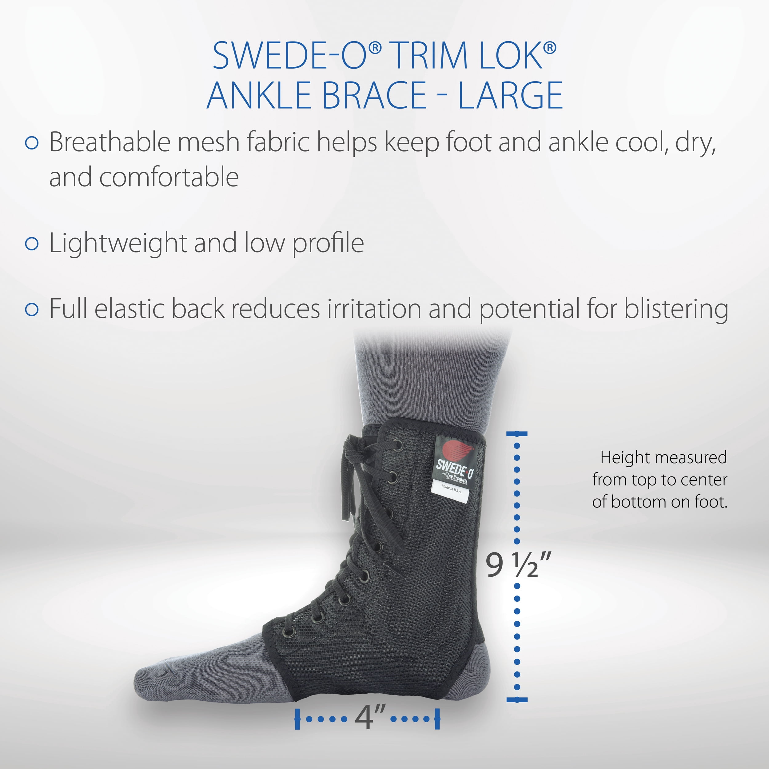 Swede-O Trim Lok Ankle Brace, Laced, Reinforced, Lightweight Breathable Mesh, for Football, Soccer, Black, Large